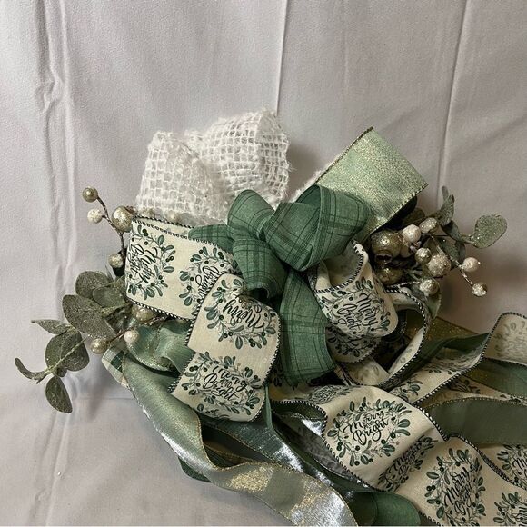Christmas Tree Topper Bow Star Holiday Decor Mod Farmhouse White, Green & Silver - Picture 6 of 12